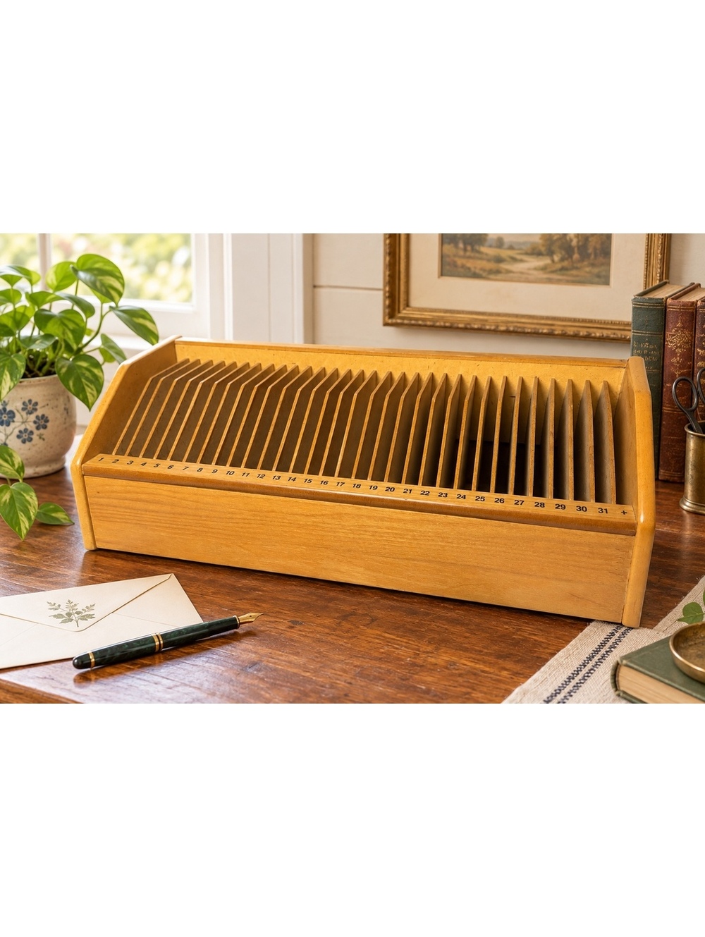Vintage Wooden Bill Organizer 31 Day Desktop Mail Sorter With Drawer